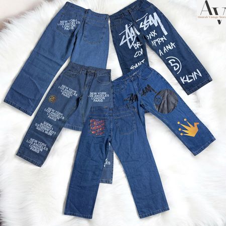 Stussy rework style baggy printed jeans