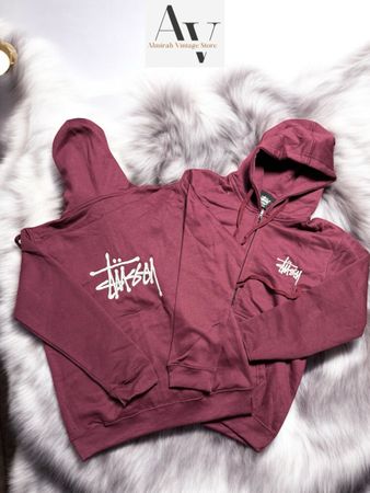 Stussy rework style embriodery maroon zipper hoodie
