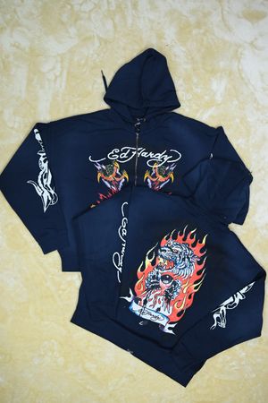 Ed Hardy Tiger Flame Boxy Navy Men's Zipper Hoodies
