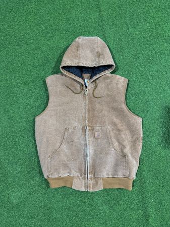 Rework style acid wash brown hooded gilets
