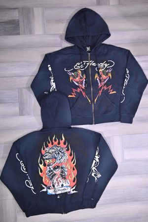 Ed Hardy Tiger Flame Boxy Navy Men's Zipper Hoodies, 8 pcs (ED-002)