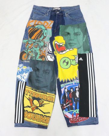 CR1237 Upcycled Graphic Patchwork Denim Jeans