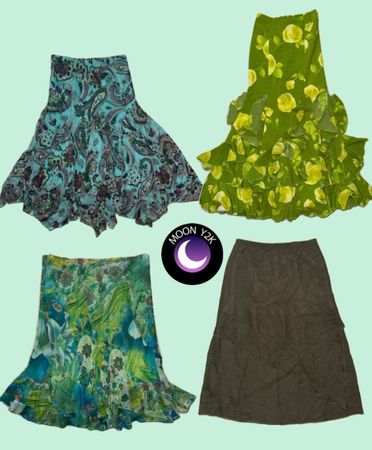 Y2K Forest Green Flowy Summer Skirts (M-1117)