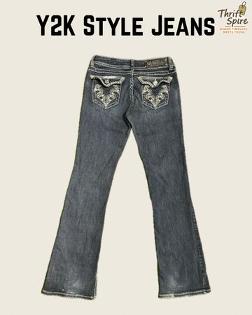 Jeans Y2K con trabajo de hilo pesado y piedras de strass (incluyendo LA Idol, Rock & Roll, Aeropostale) - [TS-0403]