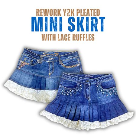 Upcycled Y2K Denim Pleated mini skirts with lace Ruffles - Moq 15