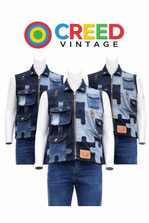 CR1387  Upcycled Patchwork Puzzle Denim Utility Vest