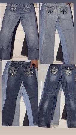 メンズY2Kブーツカットラインストーン装飾＆刺繍デニムパンツ
