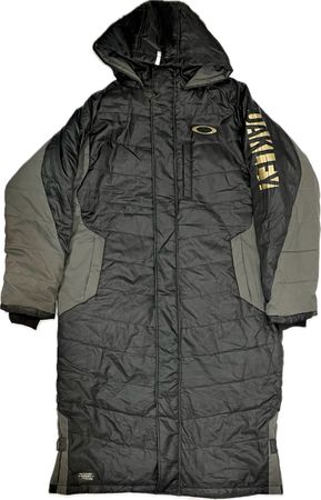 branded long puffer coat