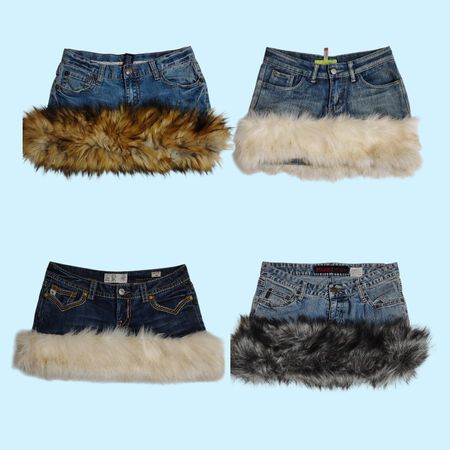 Y2K Fur Trimmed Denim Mini Skirts