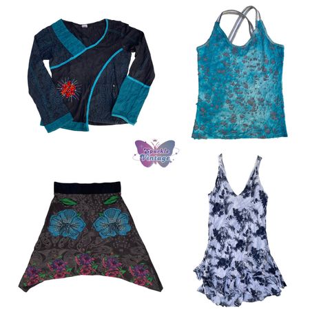 *Teal Accent Wrap Shirt* 2. *Criss‑Cross Teal Tank* 3. *Floral Asymmetrical Skirt* 4. *Black‑White Tie‑Dye Dress* (SV-014)