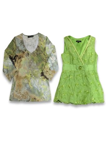 (FV-976) Vintage Blue-Green Abstract Print Blouse Y2K Aesthetic