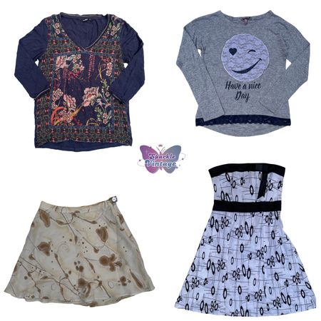 Y2k Chic Bundle – Floral Top, Graphic Tee, Skirt & Strapless Dress (SV-033)
