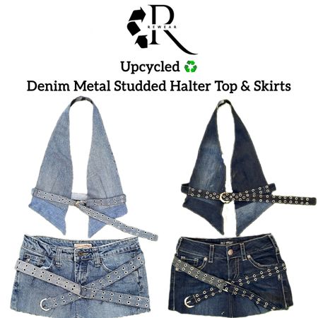 Upcycled Y2K Denim Gothic Vibe Metal Studded Tops & Skirts