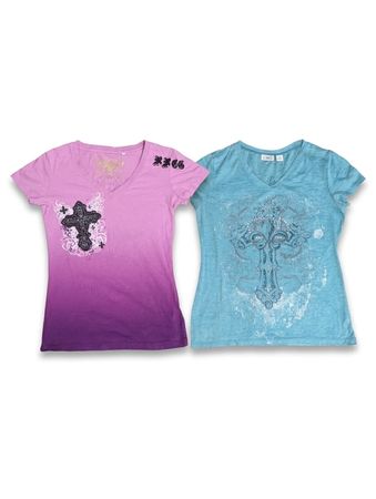 (FV-1029) Pink Rhinestone Cross Tee – Y2K Grunge Style Top