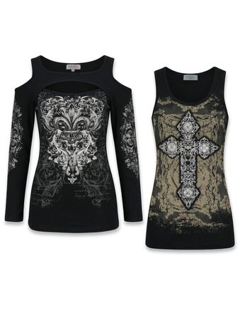 (FV-1037) Black Cross Graphic Tee – Y2K Grunge Style