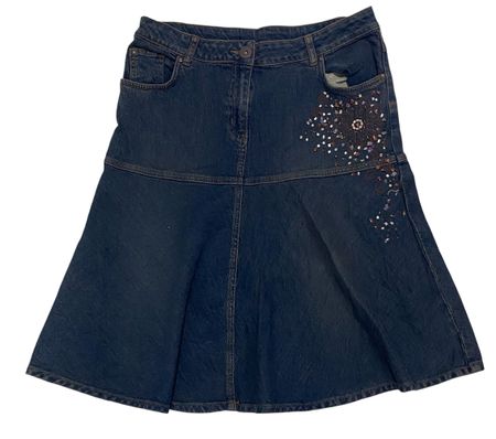 Y2k floral embroidered denim flare midi skirt.
