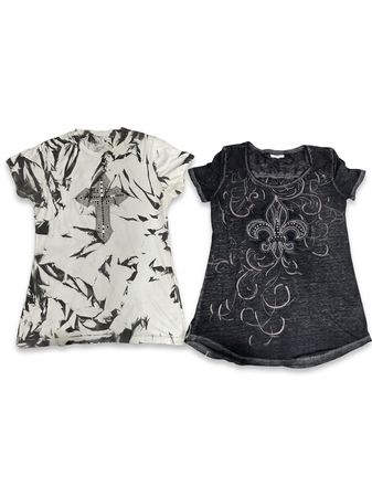 (FV-1068) Y2K Ed Hardy Style Tee Bundle | Cross Graphic Rhinestone Tops