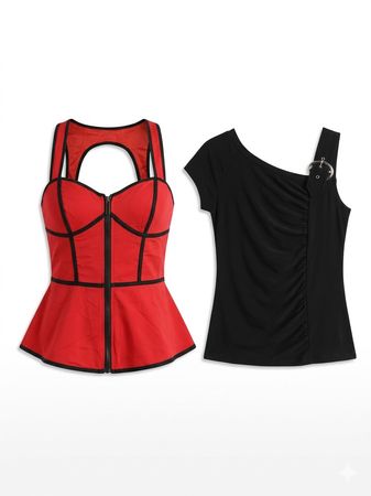 (FV-1063) Y2K Grunge Top Bundle | Red Black Statement Pieces