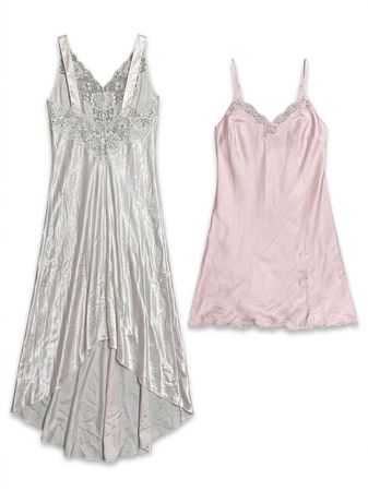 (FV-1060) Coquette Satin Slip Bundle | White Pink Lace Vintage Nightwear