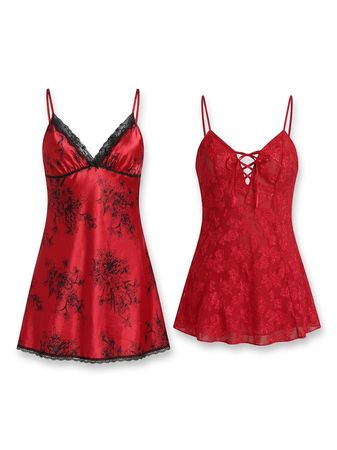 (FV-1057) Valentine Core Slip Bundle | Red Heart Print Y2K Lingerie Set