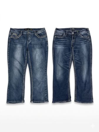 (FV-1048) Y2K Denim Thread Embellishment Detail Capri Jeans