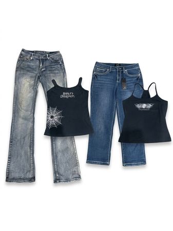 (FV-1042) Y2K Denim Flared Jeans & Harley Tank Tops