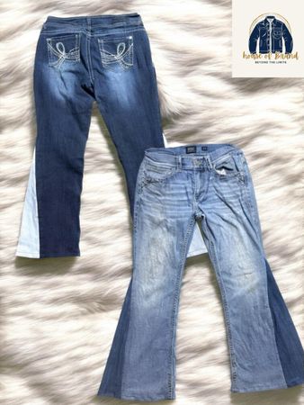 Upcycled two tone denim jeans