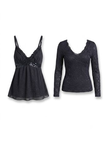 (FV-1086) Y2K Black Party Tops Bundle | Vintage Sequin Camis, Lace & Clubwear Aesthetic Mix