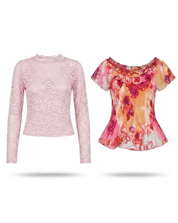 (FV-1089) Y2K Pink & Red Tops Bundle | Floral, Sheer & Retro Summer Aesthetic Collection