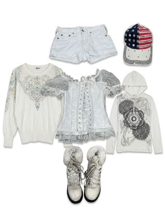 (FV-1098) Y2K White Aesthetic Bundle | Corset Top, Knitwear, Boots & Soft Girl Outfit Set