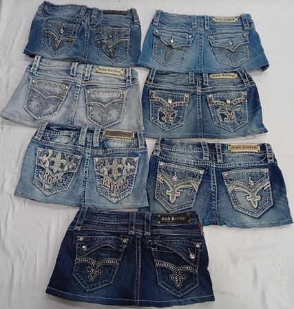 CR7246 Upcycled Rock Revival Mini Denim Skirts