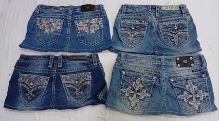 CR7249 Upcycled Miss Me & Rock Revival Mini Denim Skirts