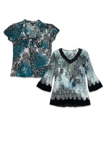 (FV-1113) Boho Chic Blue Printed Tops Bundle | Vintage Y2K Casual Summer Blouses Mix