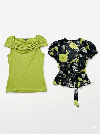 (FV-1107) Y2K Green Aesthetic Tops Bundle | Retro Floral & Striped Summer Tees Collection