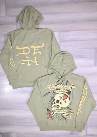 Ed Hardy Men's Pullover Olive Green Skulls Graphic Hoodies