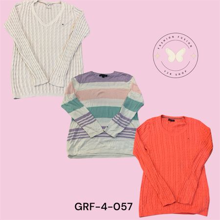 Tommy Hilfiger Women’s Striped V-Neck Sweater – Soft Cotton Pullover  (GRF-4-057)