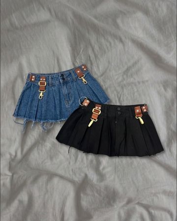 Upcycled Black Denim Pleated Skirt