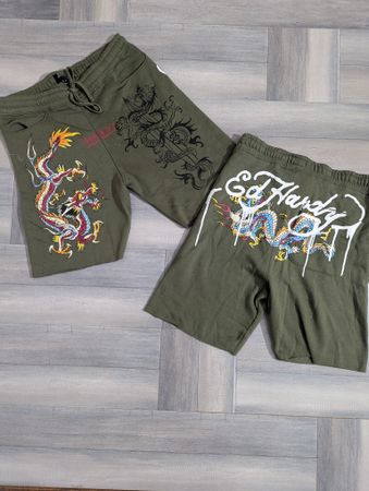 Ed Hardy Dark Green Men's Shorts, 'Tattoo Dragon' Graphic, (Ed-028), 8 pcs