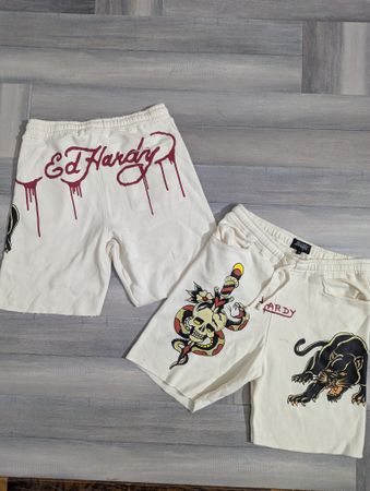 Ed Hardy White Men's Shorts, 'Panther Skull' Graphic, (Ed-029), 12 pcs