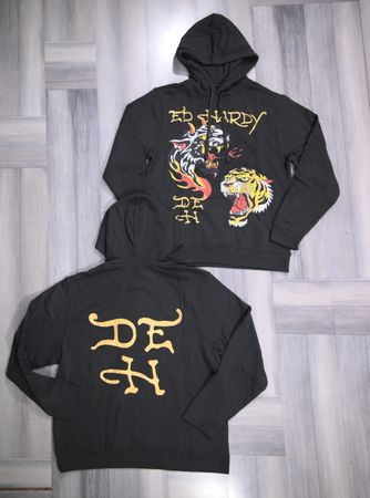 Ed Hardy Charcoal Grey Men's Pullover Hoodies 'Tiger & Dragon' Graphic, MOQ-25 pcs