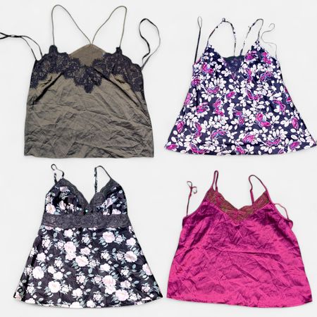SA489 Y2K Lace Trim Cami Tops - Satin Floral Spaghetti Strap