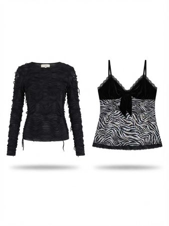 (FV-1125) Y2K Black & White Aesthetic Mesh Tops