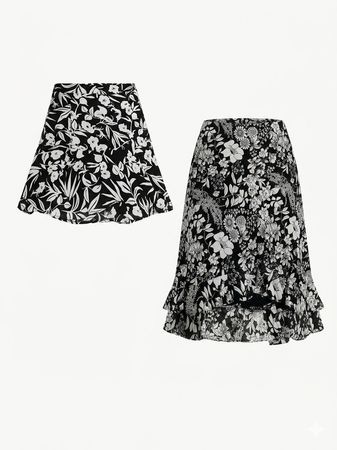 (FV-1186) Retro High Contrast Black & White Graphic Floral & Animal Print Skirts