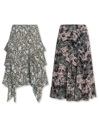 (FV-1187) 90s Boho Chic Mixed Paisley & Geometric Print Flowy Midi Skirts