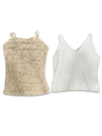 (FV-1190) Vintage Y2K Shimmering Sequin Cami Tops & White Crochet Party Blouse Bundle