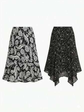 (FV-1193) Y2K Aesthetic Black & White Floral Patterned Midi Skirts Selection
