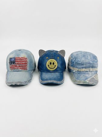 (FV-1198) Y2K Aesthetic Bling Denim Caps Rhinestone Smiley & USA Flag Patch