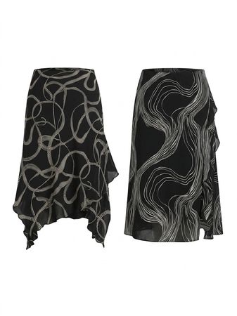 (FV-1202) Y2K Aesthetic Black & White Floral Patterned Midi Skirts Selection