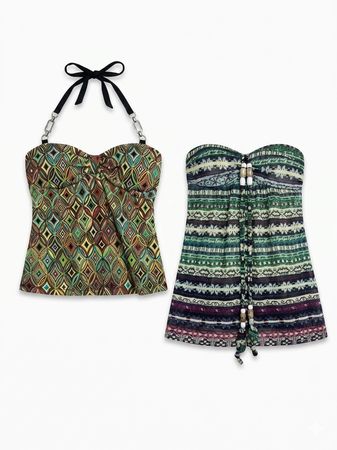 (FV-1219) Vintage Y2K Sheer Green Floral Chiffon Blouse & Abstract Print Cami Top Bundle