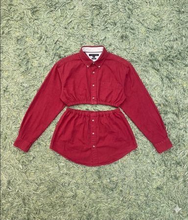 Upcycled Tommy Hilfiger Two-Piece Set | Cropped Button-Up & Mini Skirt